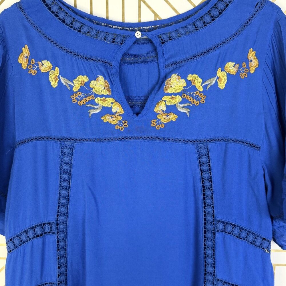 boho embroidered floral peasant shift blue lined dress medium by brass & roe - Picture 8 of 10